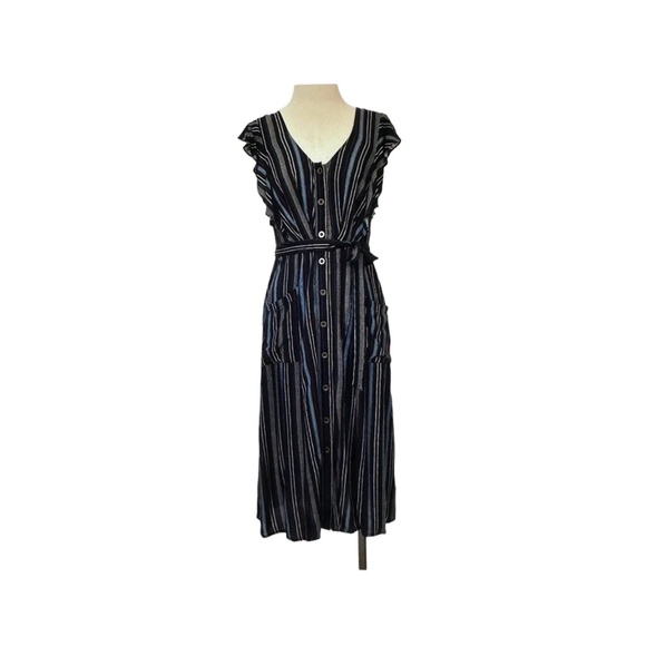 Jolt Navy Striped Button-Down Dress. Tie Belt, scoop neckline,& pockets New - Picture 3 of 12